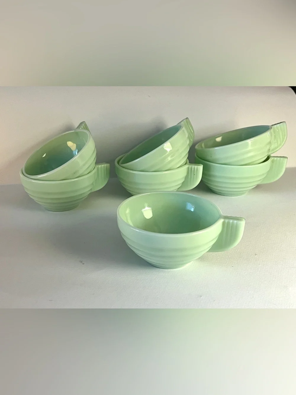 Vintage Jadeite Cup Set 7 Art Deco Style Ribbed Milk Glass Coffee Cups - FRANCE